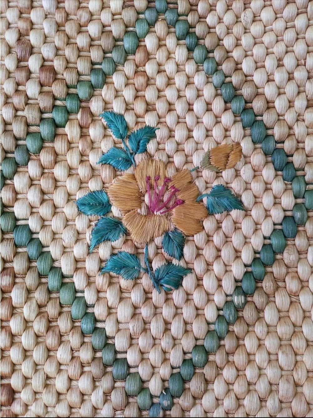 Vintage 60s Woven Raffia Straw Handbag Wooden Handle Floral Embroidered Boho - Picture 4 of 7